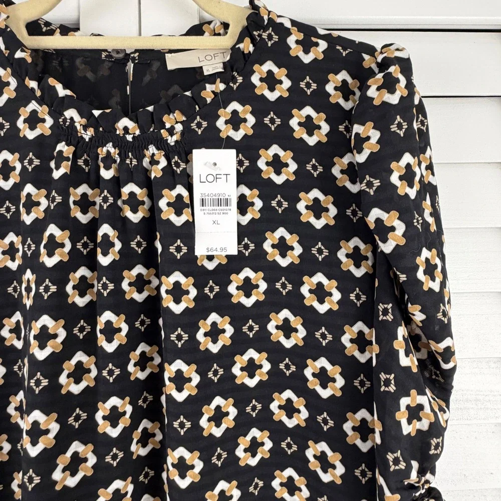 LOFT Blouse XL Black Geometric Ruffle Neck Puff Sleeve NEW